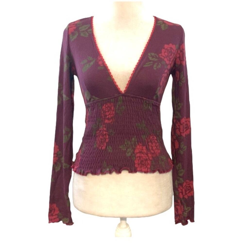 Kimchi Blue Y2K Smocked Rose Print Top Plum Small